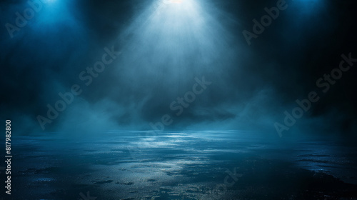 spotlights shine down onto a dark blue foggy stage Background, Ai Generative