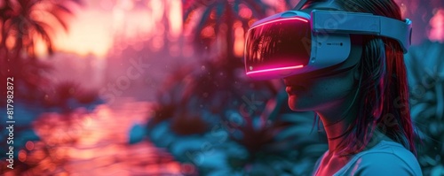 A futuristic virtual reality experience, portrayed as an immersive journey through incredible, digitallycreated worlds photo