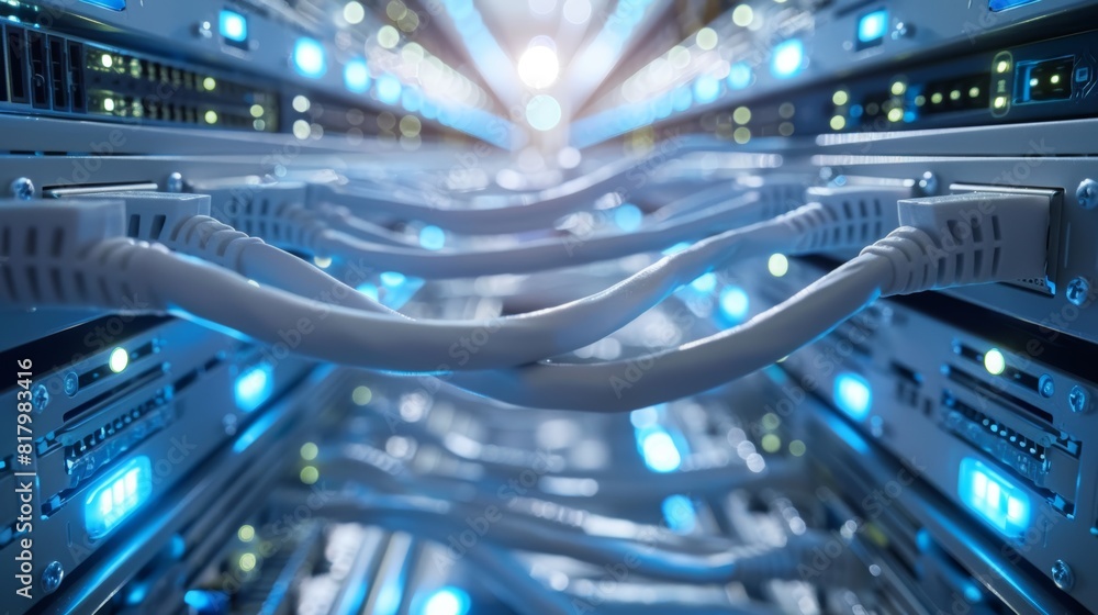 Advanced data center network infrastructure with rows of cables and blinking server lights in a high-tech facility Advanced data center network infrastructure with rows of cables and blinking server lights in a high-tech facility