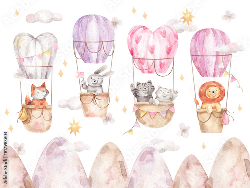 Cute animals fly in the sky in hot air balloon above mountains. Funny fox, bunny, cats and lion sit in baskets with flags and hearts. Watercolor illustration for wallpaper or greeting cards