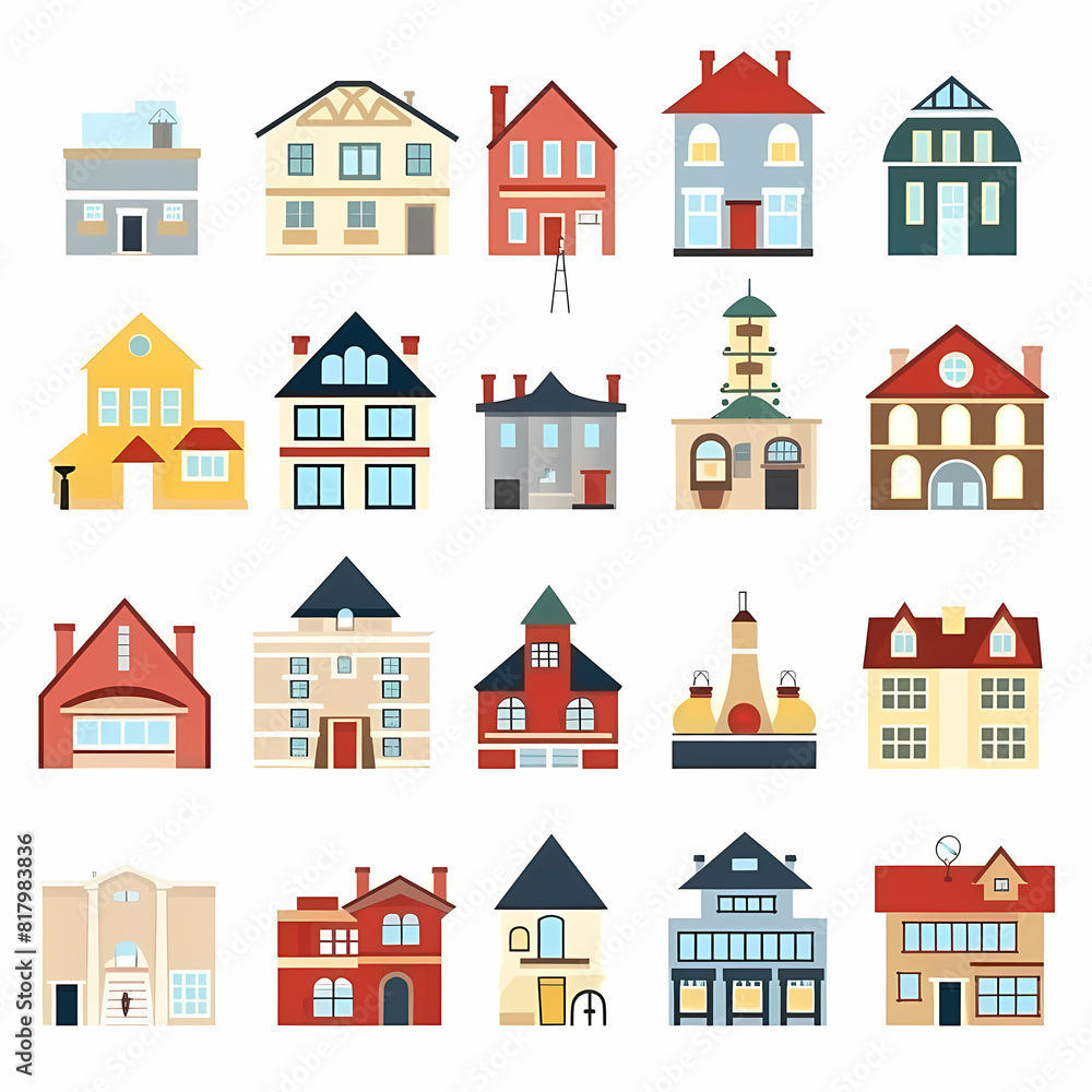 Icons of houses and buildings isolated on white. Illustration in vector format