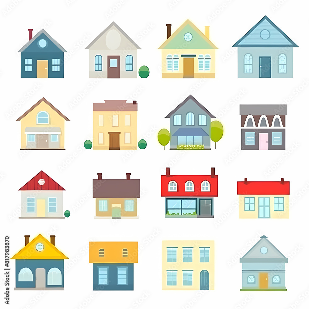 Icons of houses and buildings isolated on white. Illustration in vector format