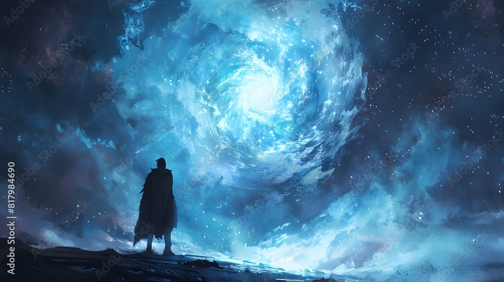 A lone figure stands beneath a starry night sky, bathed in the gentle light of a luminous moon A lone figure stands beneath a starry night sky, bathed in the gentle light of a luminous moon
