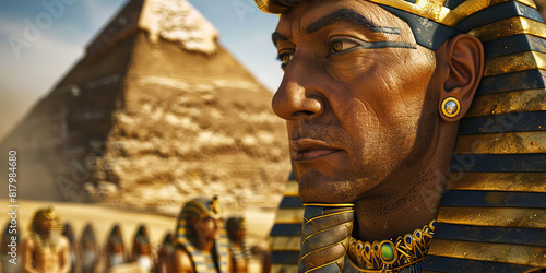 An Egyptian pharaoh, adorned with gold and jewels, oversees the construction of the great pyramids, their legacy etched into history