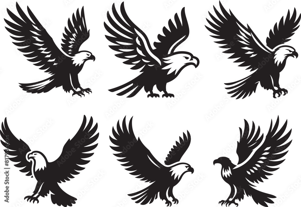 Fototapeta premium Eagle flying with its wings spread set silhouette vector illustration.