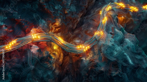 An artistic arrangement of coiled fiber optic cables with their ends glowing in against a textured background.