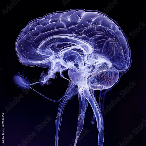Humen brain  x-ray film on a dark blue background, side view, Healthcare and medicine concept.