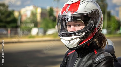 Close-up photo of a biker woman in a helmet. A symbol of camaraderie: The biker woman's helmet signifies her connection to a community of like-minded individuals who share a love for the open road. © Stavros