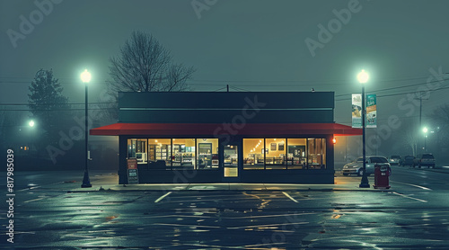 A coffee shop square building an isolated dark parking lot. boring suburban despair. Generative AI. photo