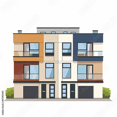 Illustration of the exterior of a house as seen from the front and with a roof. Modern. Townhouse building. Apartment. House facade with doors and windows.