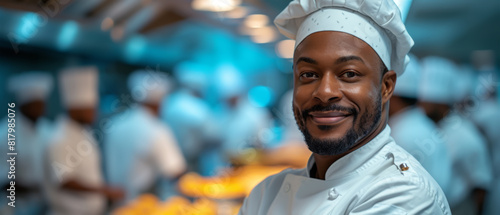 A head chef smiles in a bustling professional kitchen wearing a traditional white chef's. Head Chef in a Busy Professional Kitchen.