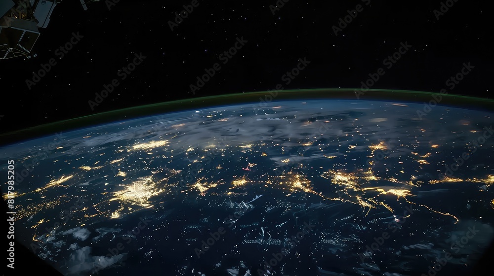 Obraz premium View of the Earth from space. Night lights of big cities. The dance of city lights, a testament to human progress and ingenuity.