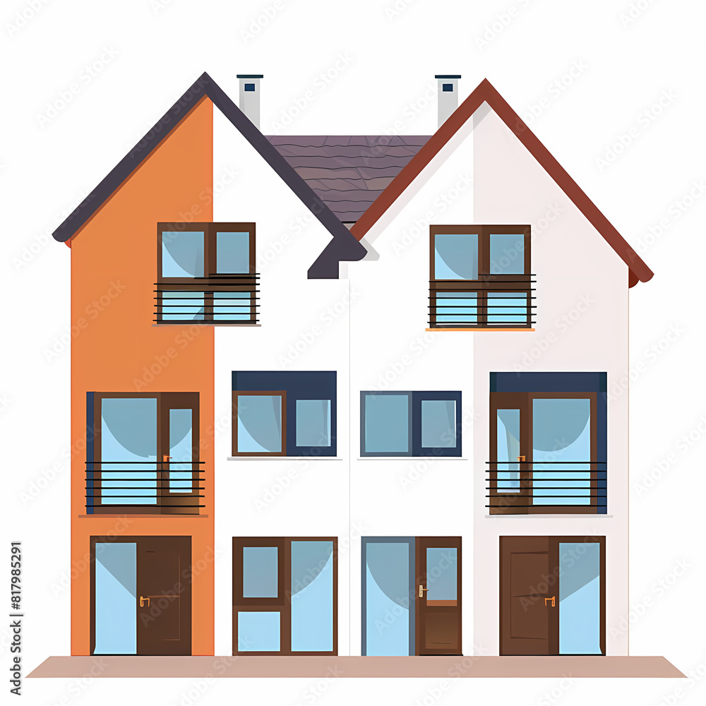 Illustration of the exterior of a house as seen from the front and with a roof. Modern. Townhouse building. Apartment. House facade with doors and windows. Illustration of the exterior of a house as seen from the front and with a roof. Modern. Townhouse building. Apartment. House facade with doors and windows.