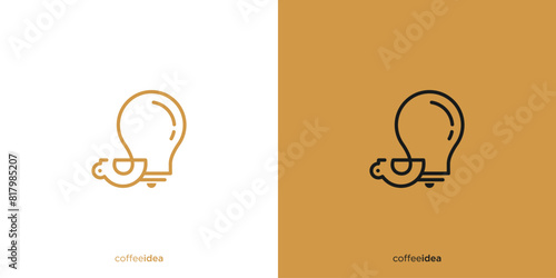 Creative Coffee Logo Design Ideas. Vector Illustration of a Coffee Cup and a Light Bulb or Lamp in Line art Outline Style. Coffee Idea Logo, Icon, Symbol, Vector, Design Template.