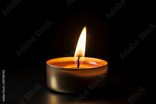 The image is a close-up of a single lit candle against a black background