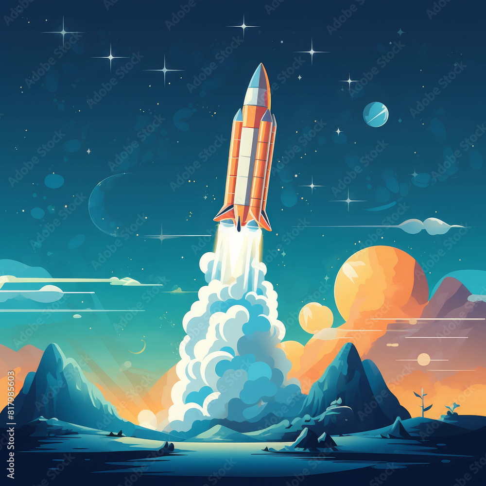 Fototapeta premium The rocket is taking off into the starry sky.