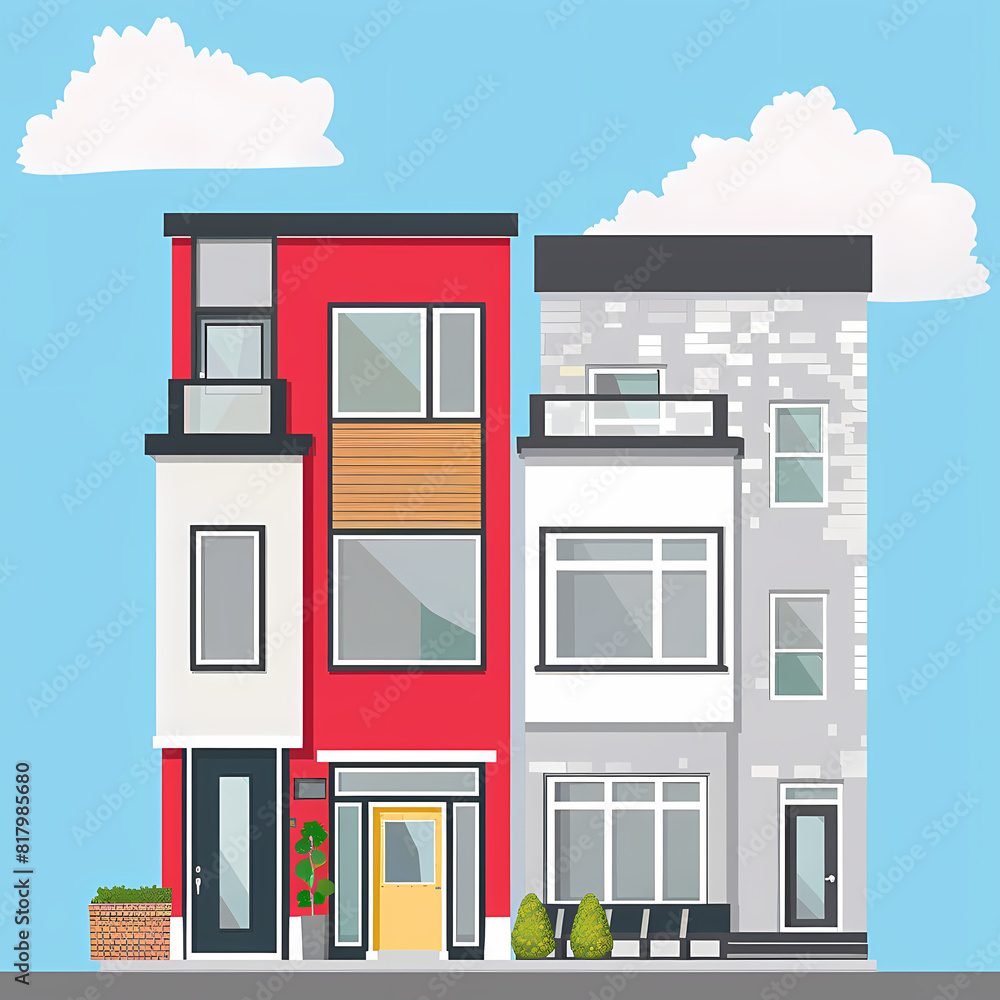 Illustration of the exterior of a house as seen from the front and with a roof. Modern. Townhouse building. Apartment. House facade with doors and windows. Illustration of the exterior of a house as seen from the front and with a roof. Modern. Townhouse building. Apartment. House facade with doors and windows.