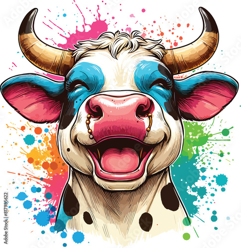 Cow head with horn in background color ink drops