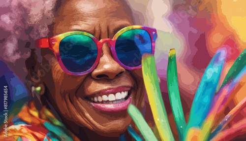 Eine fröhliche Afroamerikanerin mit Sonnenbrille und farbenfroher Kleidung. Vektor