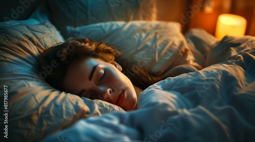 Woman sleeping in bed with dim light on
