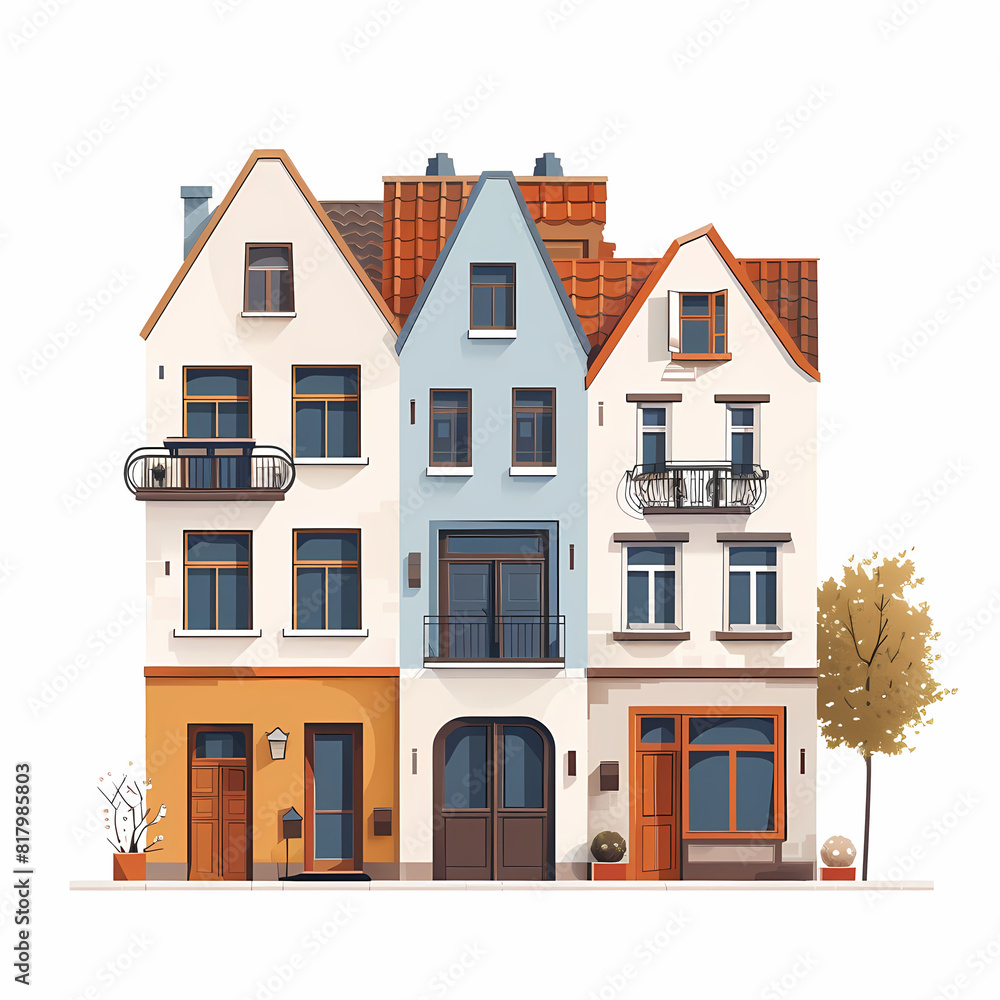 Illustration of the exterior of a house as seen from the front and with a roof. Modern. Townhouse building. Apartment. House facade with doors and windows. Illustration of the exterior of a house as seen from the front and with a roof. Modern. Townhouse building. Apartment. House facade with doors and windows.