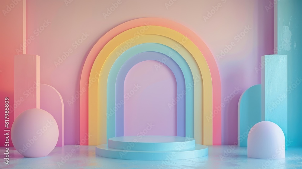 Soft pastel rainbow arch with round platform and vibrant colors creating a cheerful and whimsical backdrop