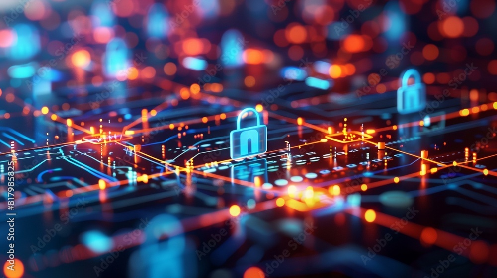 Illustration circuit board with glowing blue padlock on red background concept fileless attack cyber security Illustration circuit board with glowing blue padlock on red background concept fileless attack cyber security
