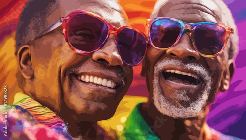 Zwei fr  hliche    bergl  ckliche Afroamerikaner mit Sonnenbrille und farbenfroher Kleidung. Vektor