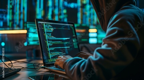 Person in dark room seen typing on laptop with green text on screen with concept dns hijacking cyber security