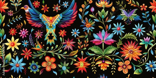 Festive Mexican Floral Tapestry - Enriched with Ethnic Embroidery - Perfect for Versatile Designs - This vector illustration features a Mexican flower traditional pattern background