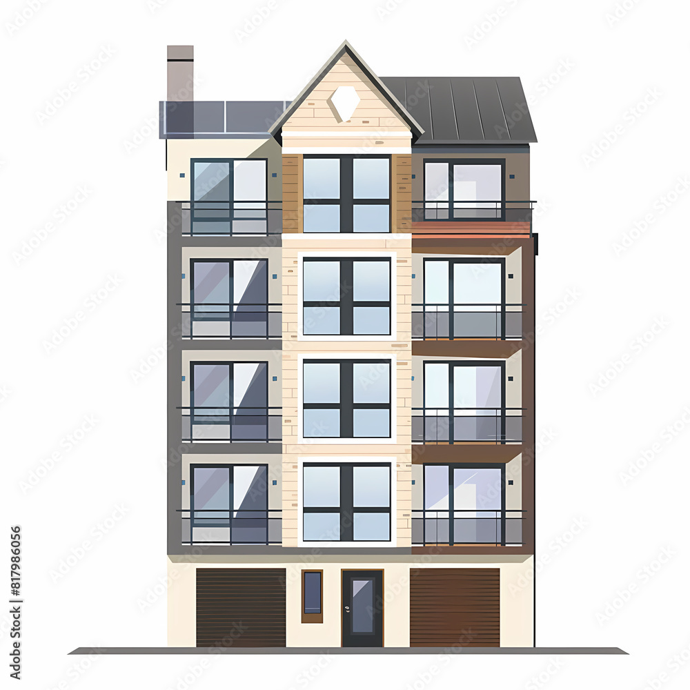 Illustration of the exterior of a house as seen from the front and with a roof. Modern. Townhouse building. Apartment. House facade with doors and windows. Illustration of the exterior of a house as seen from the front and with a roof. Modern. Townhouse building. Apartment. House facade with doors and windows.