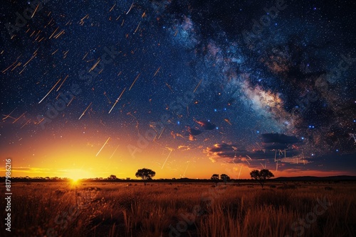 A night sky with the Milky Way and shooting stars over an Australian outback landscape. A distant sun setting in the background.
