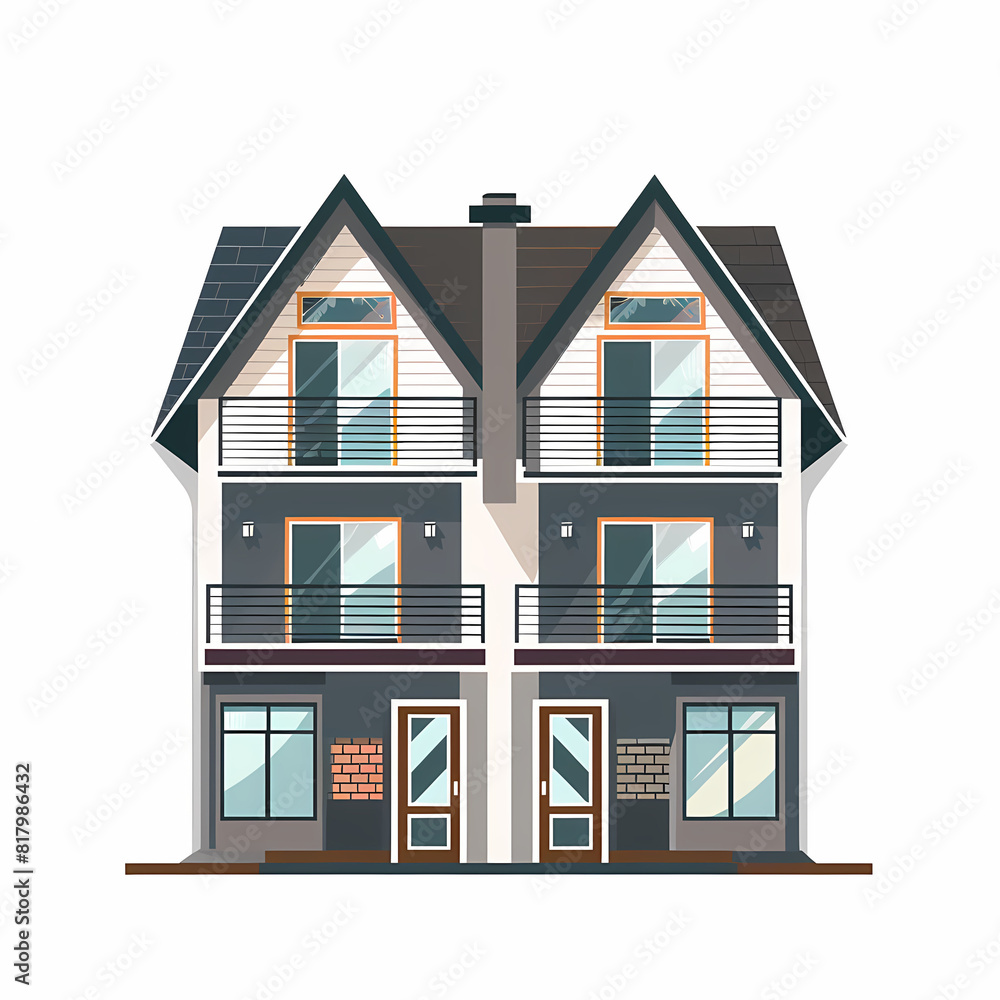 Illustration of the exterior of a house as seen from the front and with a roof. Modern. Townhouse building. Apartment. House facade with doors and windows. Illustration of the exterior of a house as seen from the front and with a roof. Modern. Townhouse building. Apartment. House facade with doors and windows.