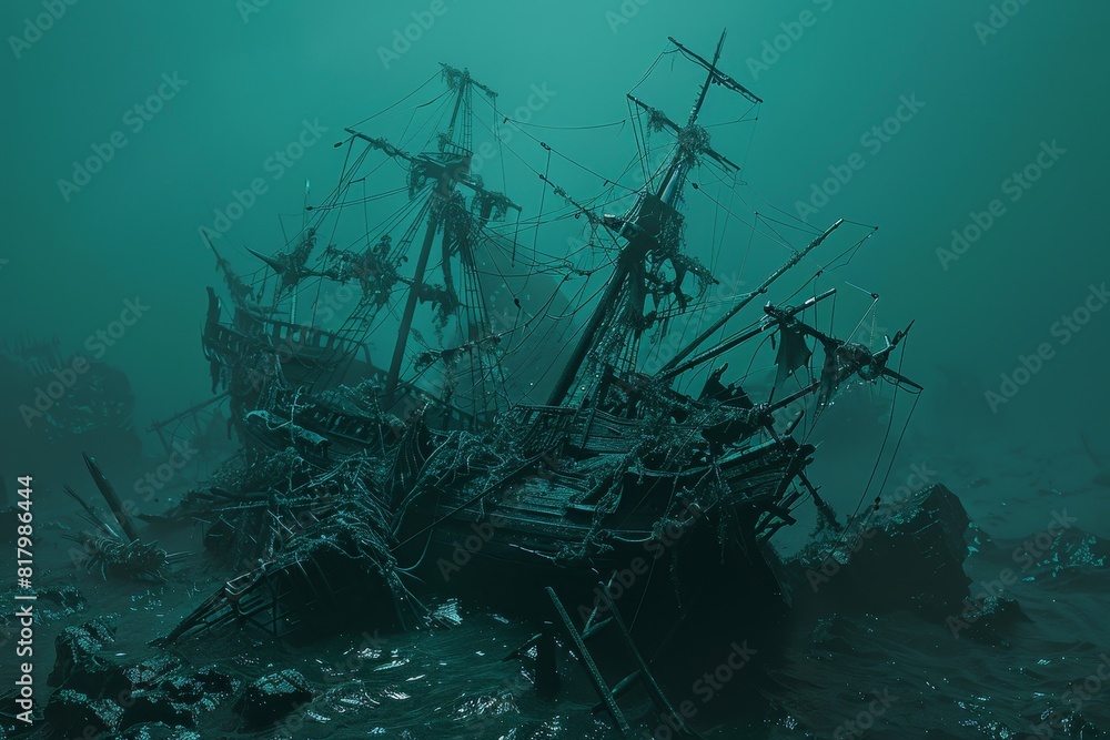 A shipwreck is shown in a deep blue ocean with smoke rising from the water. A shipwreck is shown in a deep blue ocean with smoke rising from the water.