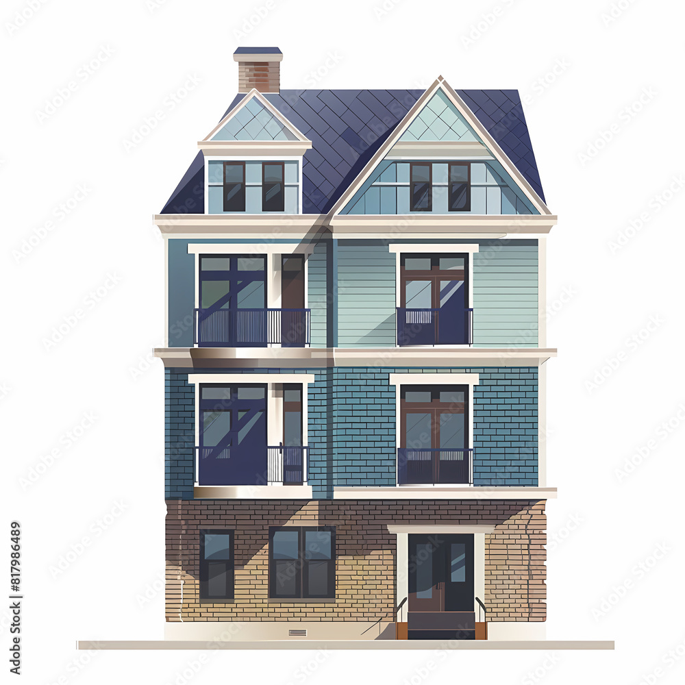 Illustration of the exterior of a house as seen from the front and with a roof. Modern. Townhouse building. Apartment. House facade with doors and windows. Illustration of the exterior of a house as seen from the front and with a roof. Modern. Townhouse building. Apartment. House facade with doors and windows.