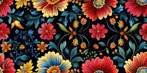 Festive Mexican Floral Tapestry - Enriched with Ethnic Embroidery - Perfect for Versatile Designs - This vector illustration showcases a Mexican flower traditional pattern background