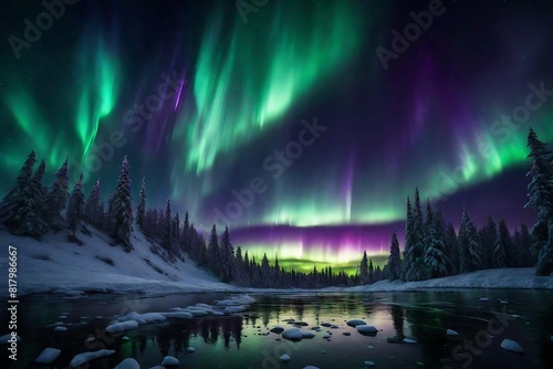 Dazzling aurora borealis simulation with green and purple lights dancing in the sky.