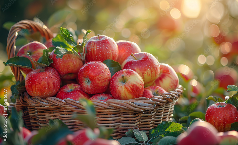Organic red ripe apples in the basket and on tree in orchard Organic red ripe apples in the basket and on tree in orchard