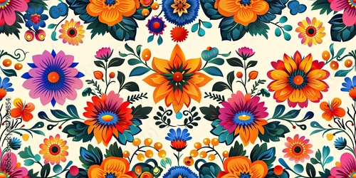 Festive Mexican Floral Tapestry - Enriched with Ethnic Embroidery - Perfect for Versatile Designs - This vector illustration showcases a traditional Mexican flower pattern background