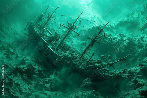 A shipwreck is shown in a deep blue ocean with smoke rising from the water. © Koon