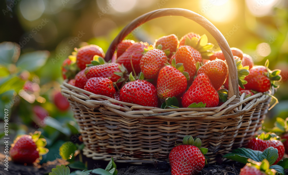 Fresh strawberries in basket in the garden Fresh strawberries in basket in the garden