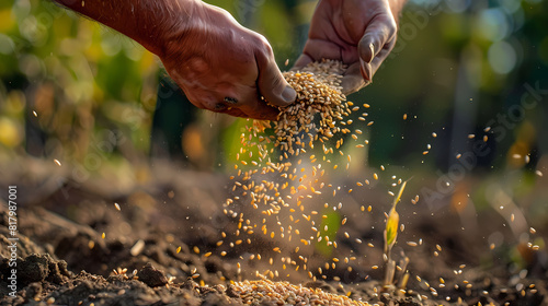 A farmer's hands pour wheat grains in a field -
