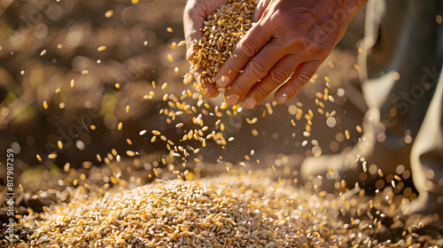 A farmer's hands pour wheat grains in a field - #817987259