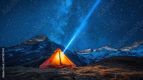 Himalayas Nighttime Adventure  Lit Tent Under Starry Sky     Serene Wilderness Camping Experience at High Altitude with Majestic Mountain Scenery  Clear Night Sky Perfect for Stargazing  Generative ai