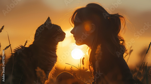 A girl and a cat are silhouetted against a sunset background.
