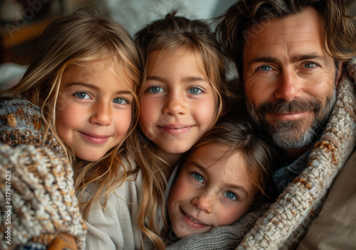 Father and his three daughters wrapped in blanket