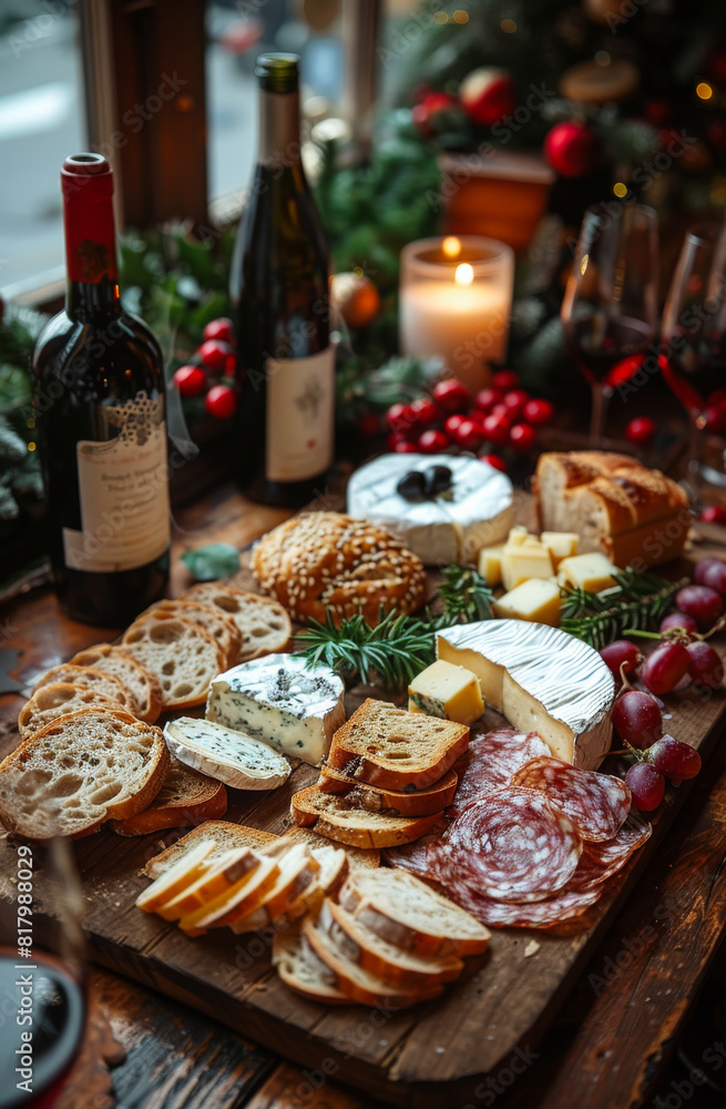 Christmas appetizers and wine on wooden table Christmas appetizers and wine on wooden table