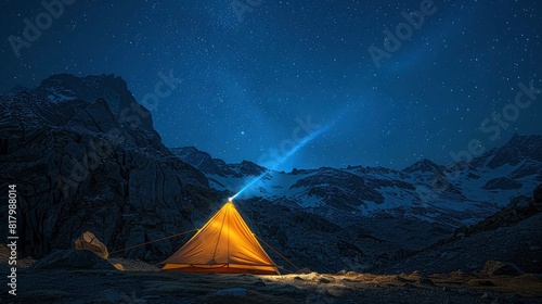 Himalayas Nighttime Adventure  Lit Tent Under Starry Sky     Serene Wilderness Camping Experience at High Altitude with Majestic Mountain Scenery  Clear Night Sky Perfect for Stargazing  Generative ai