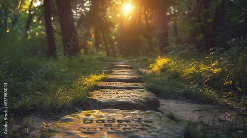 A pathway paved with stones inscribed with words of faith, leading towards a serene, sundrenched clearing photo