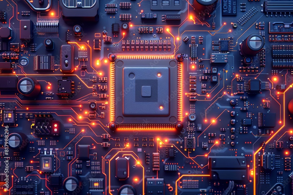 Fototapeta premium The image shows a close-up of a computer circuit board with a glowing orange CPU.